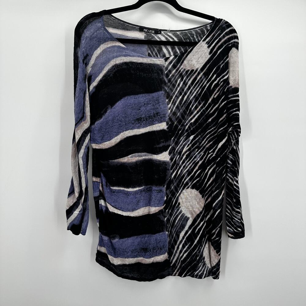 Nic‎ Zoe Top Womens Small Black Blue Abstract Pullover Lightweight Top Linen